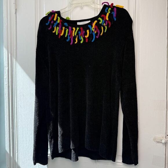 Lisa international Sweaters - VTG Colorful Fringe Sweater Womens Large Black Knit Shoulder Pads Chenile